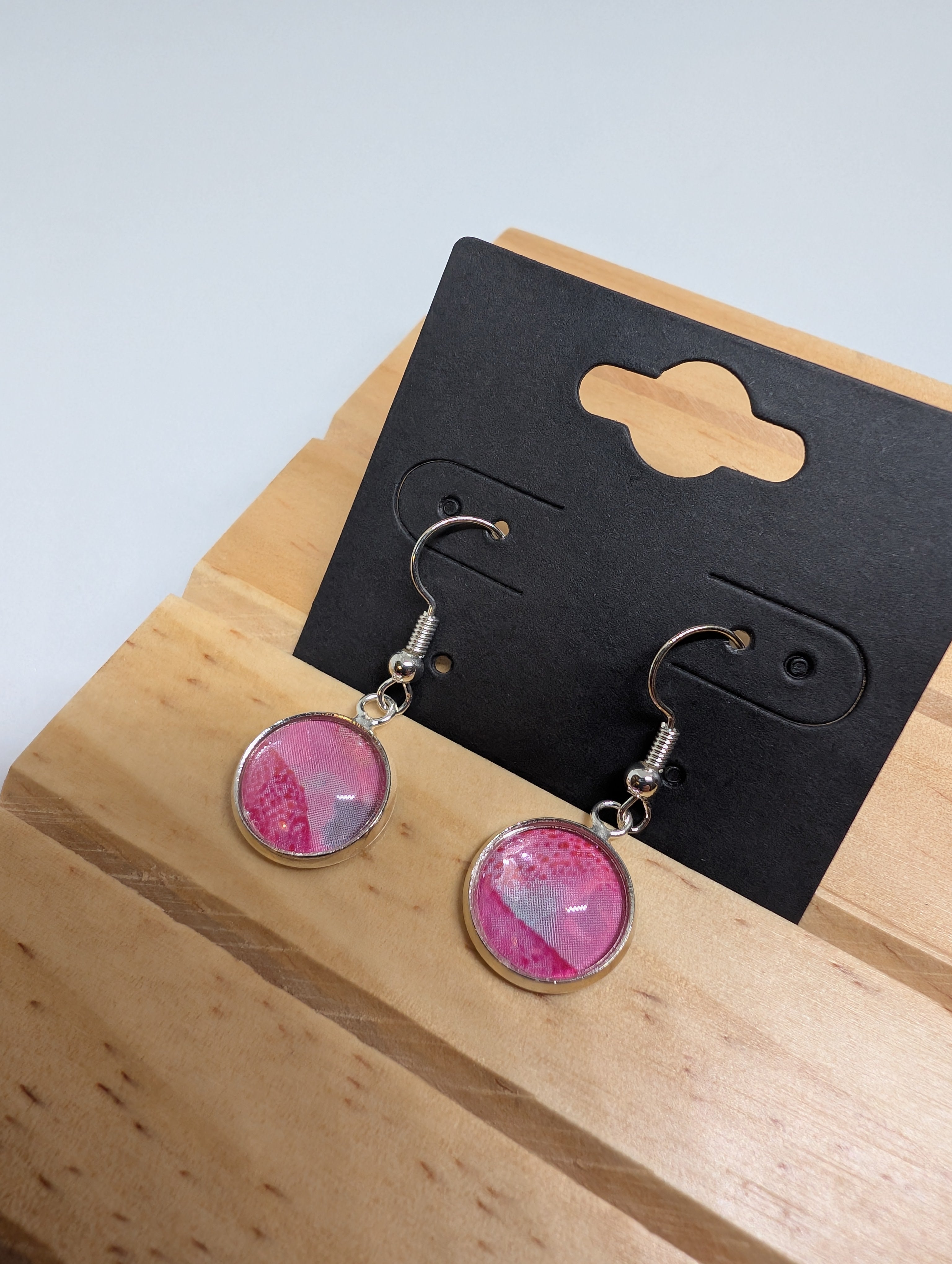 Hot Pink Marble, handmade beaded earrings in pink, purple and silver