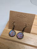 Poppy Field Blue, handmade beaded earrings in blue, red, bronze and orange