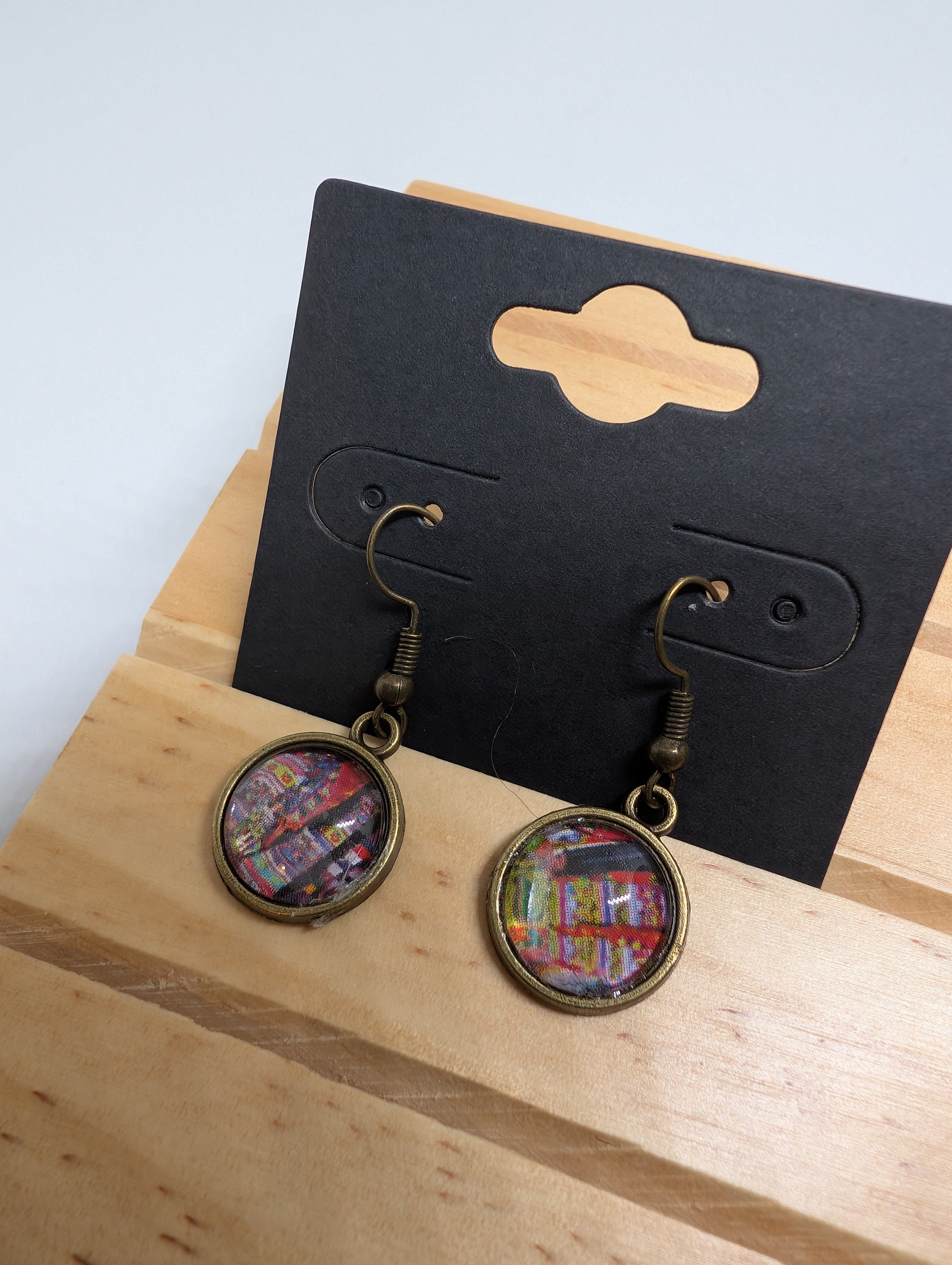 Confetti Mosaic Rounds, handmade beaded earrings in multicolour, bronze and pink