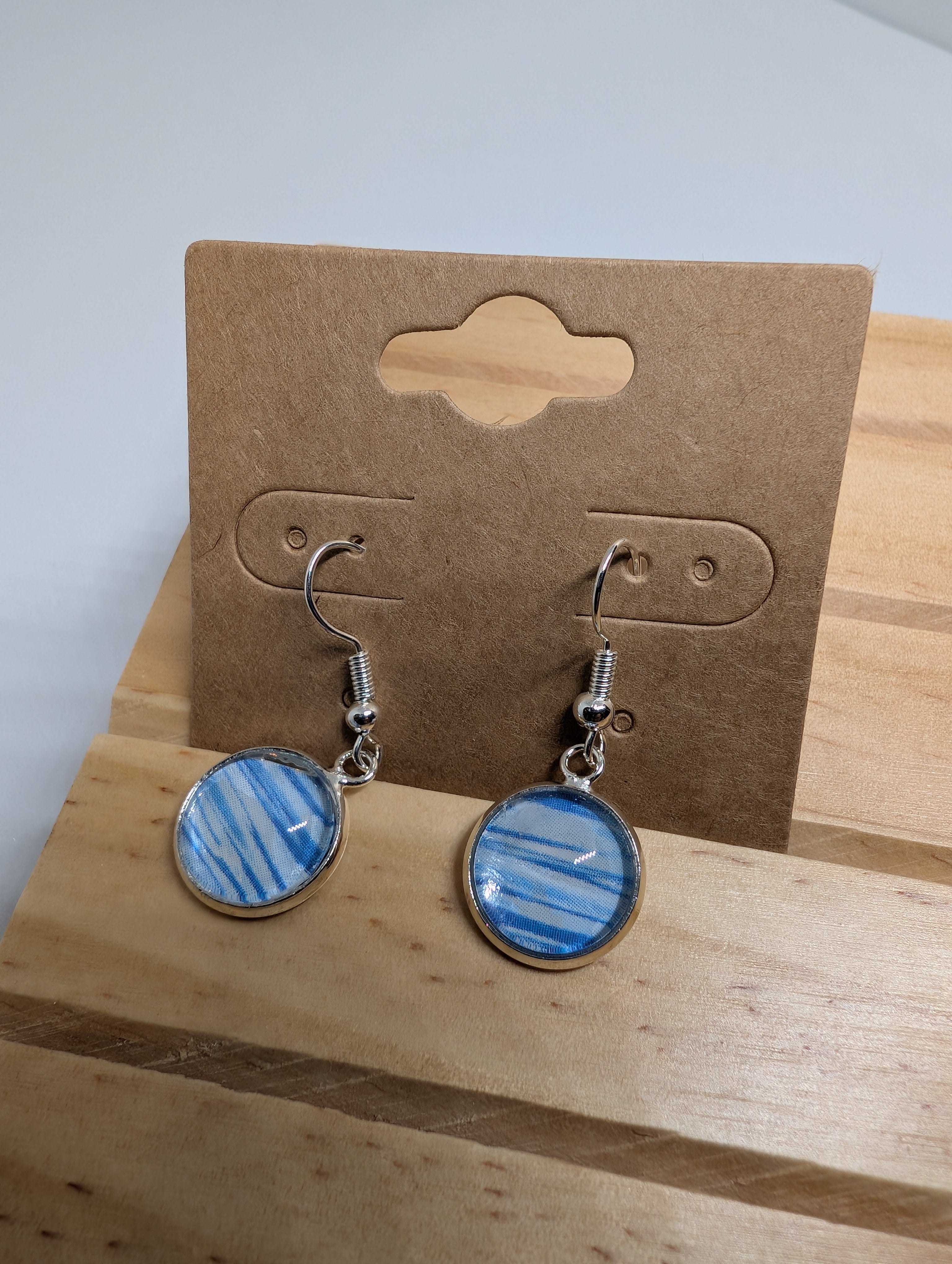 Blue Ribbon Stripes, handmade beaded earrings in blue, white and silver