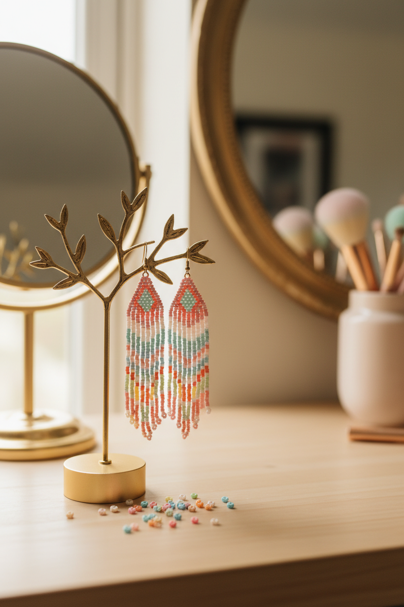 Beaded earrings on vanity stand