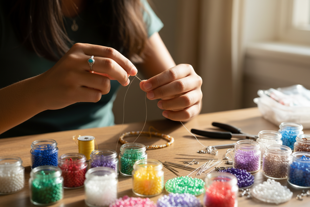 South Asian teenager hands working with microbeads