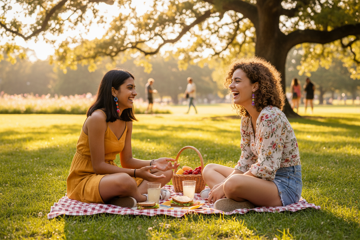 Two teenage girls on picnic blanket in golden sun