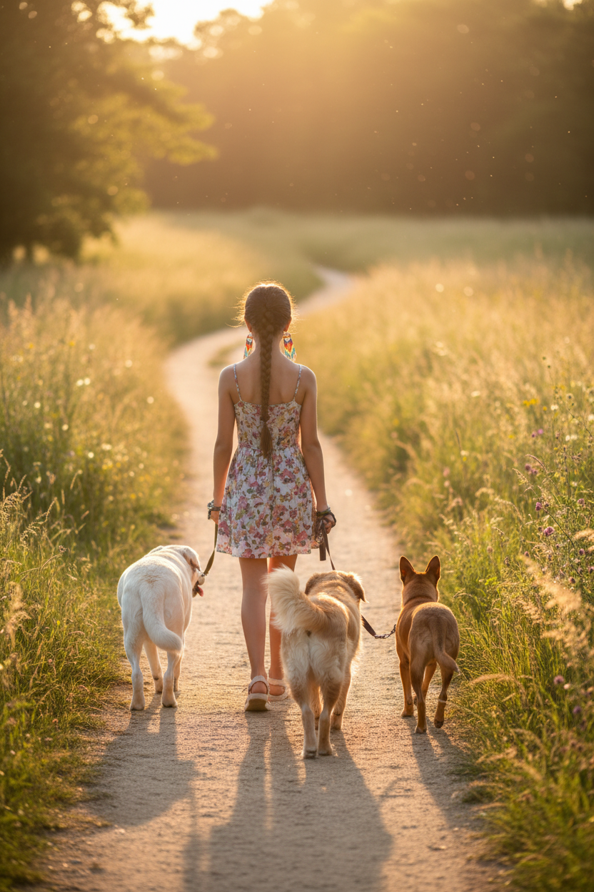 Young girl walking three dogs from behind in sunlight